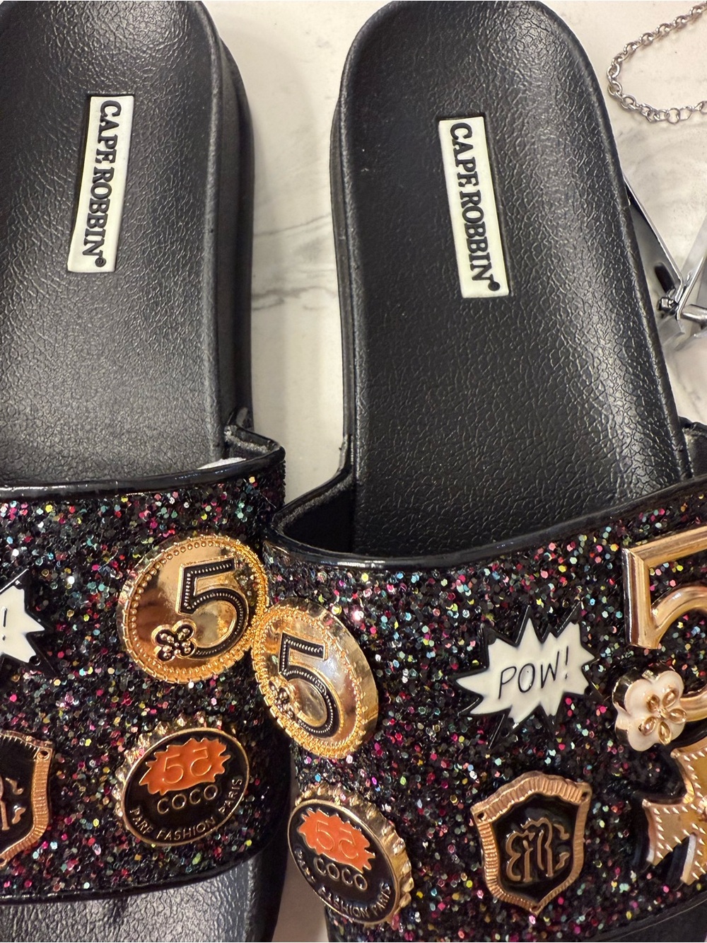 Cape Robbin Black Glitter Slide Sandals with Gold Coin Charms